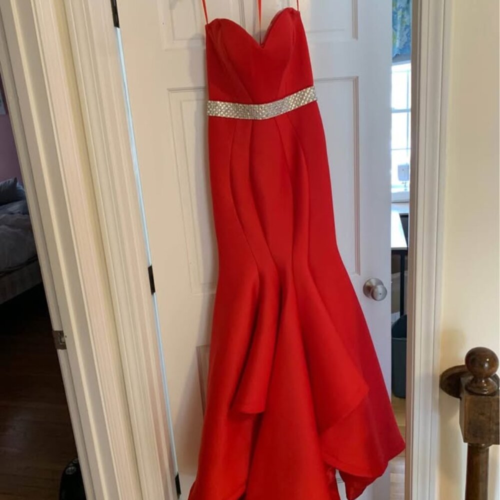 Jovani Red Strapless Mermaid Prom Gown With Silver Belt Size 2